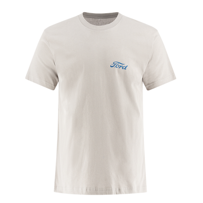 silver men's t shirt with blue "Ford" script on left front chest