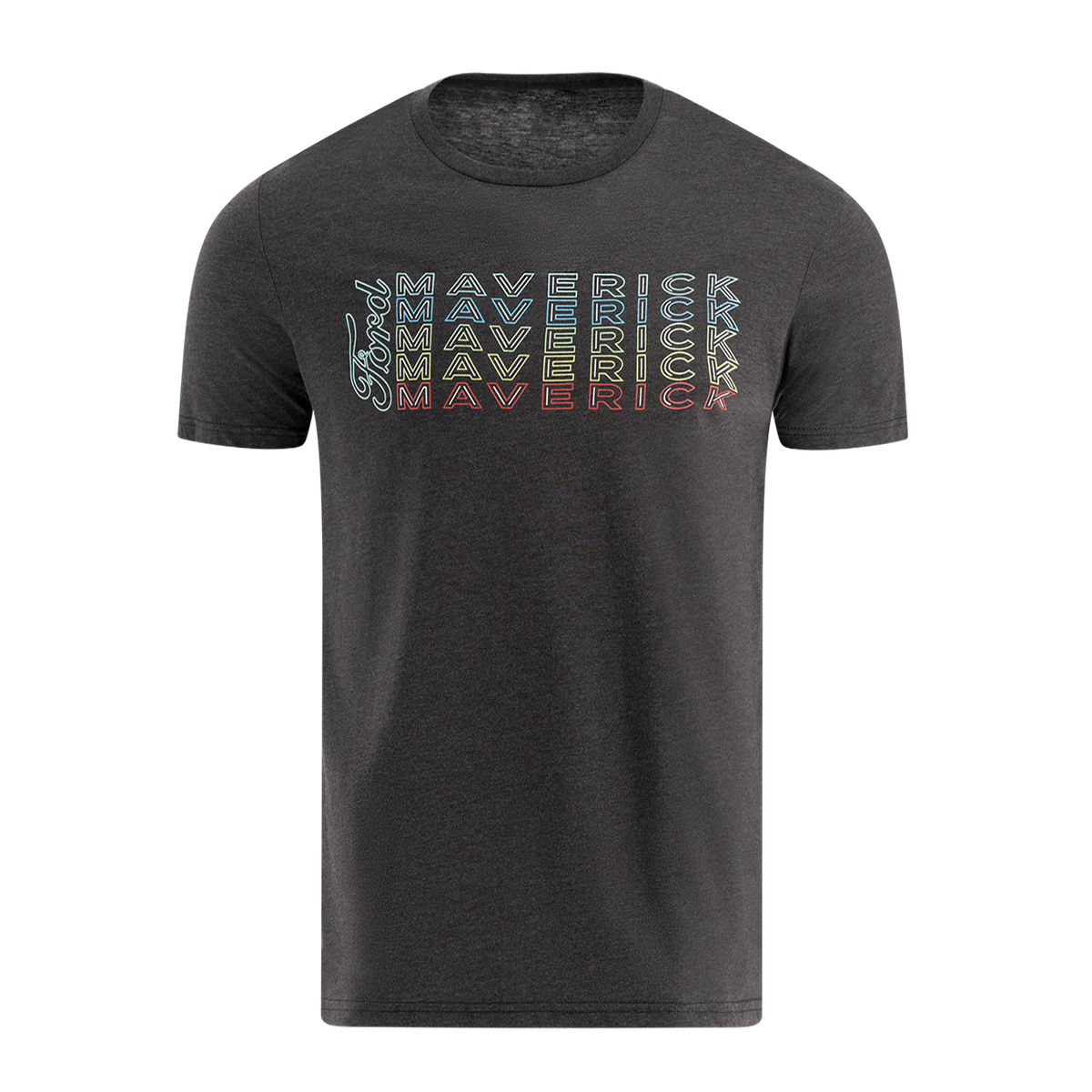 Black t-shirt with colorful 'Maverick' text design on a white background