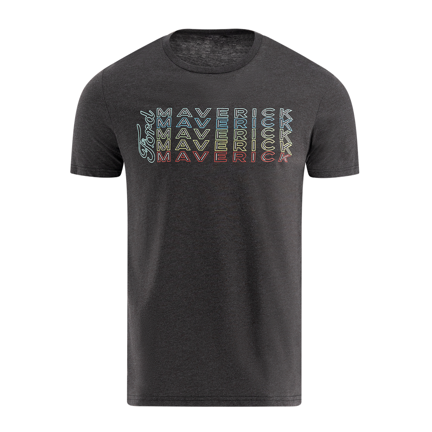 Black t-shirt with colorful 'Maverick' text design on a white background