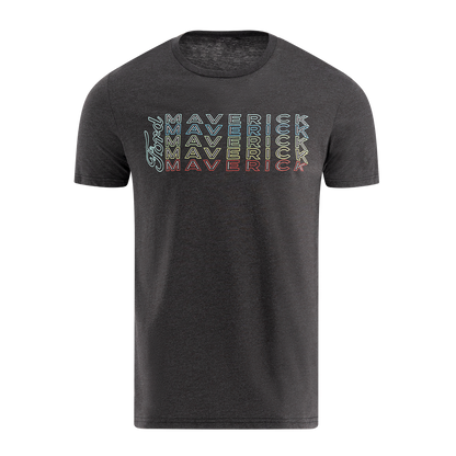 Black t-shirt with colorful 'Maverick' text design on a white background