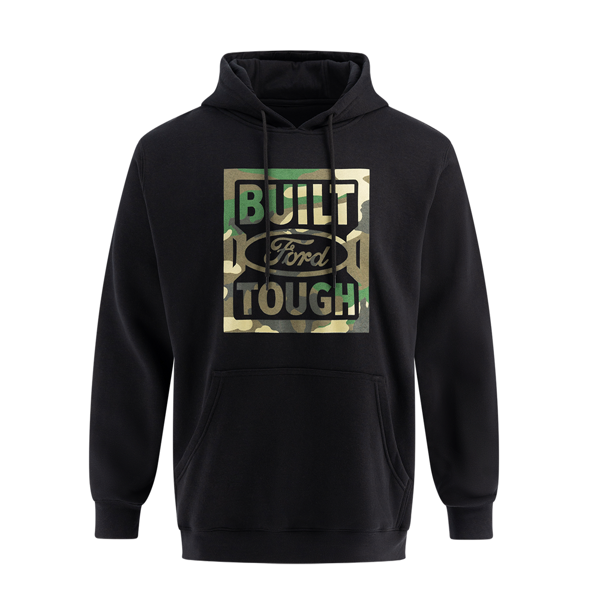 A black hooded pullover sweatshirt with camouflage pattern and 'Built Ford Tough' text logo on the front.