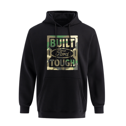 A black hooded pullover sweatshirt with camouflage pattern and 'Built Ford Tough' text logo on the front.