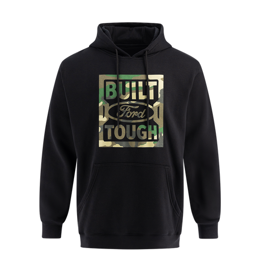 A black hooded pullover sweatshirt with camouflage pattern and 'Built Ford Tough' text logo on the front.