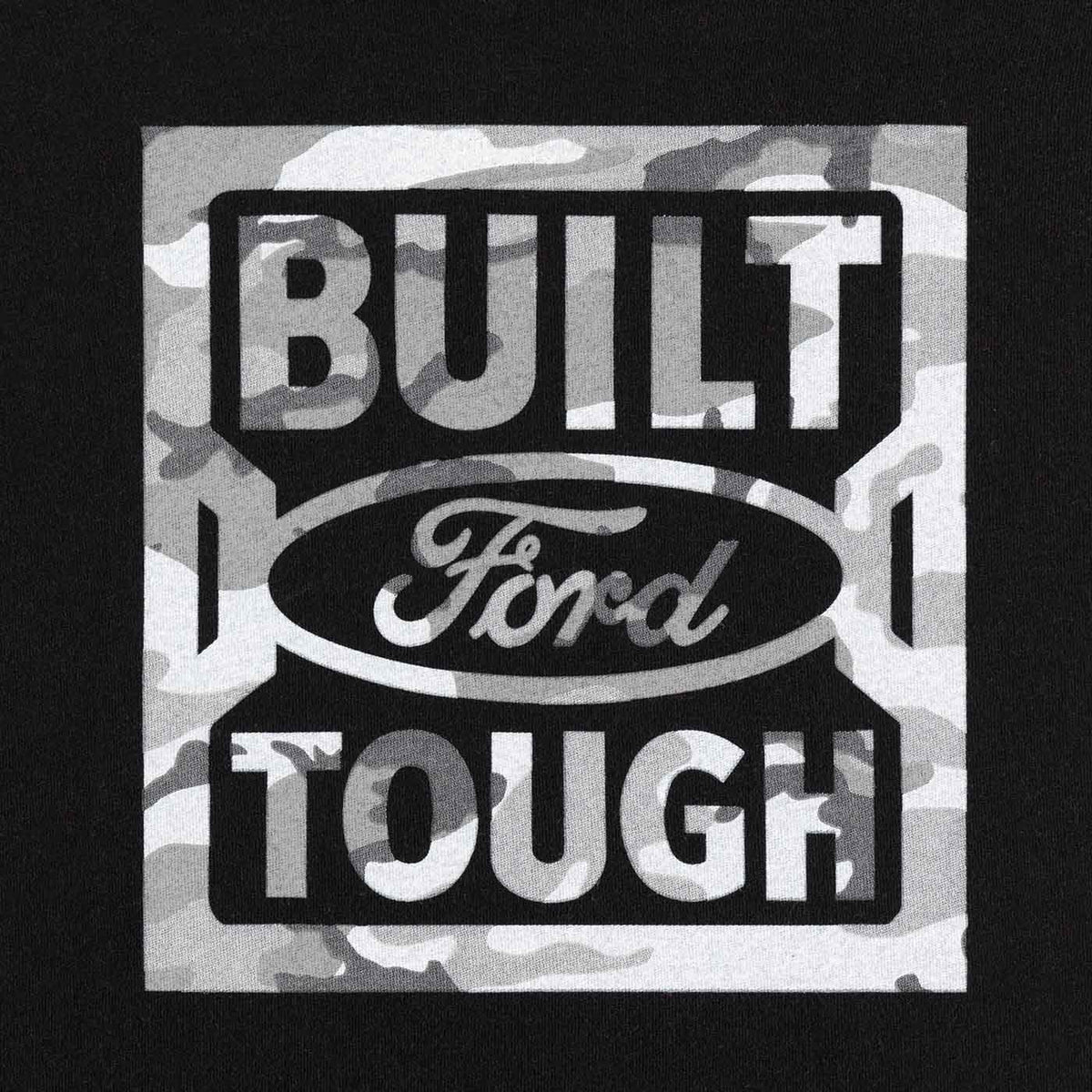 close up of gray camouflage built ford tough logo on black background