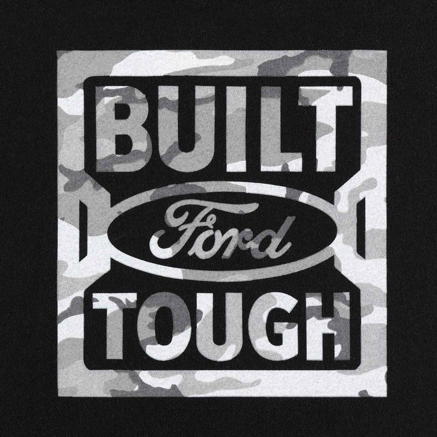 close up of gray camouflage built ford tough logo on black background