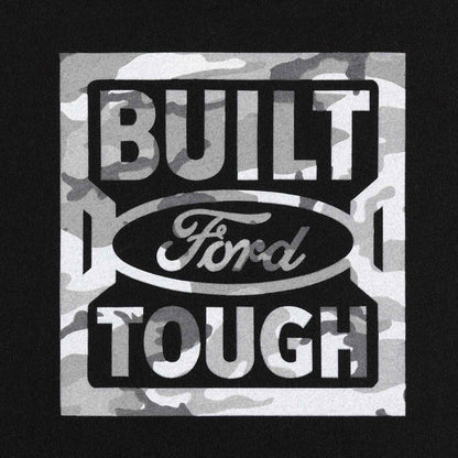 close up of gray camouflage built ford tough logo on black background