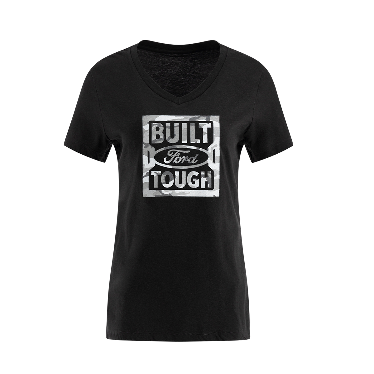 A black women's T-shirt with a camouflage design and the text 'BUILT Ford TOUGH' printed in the center.