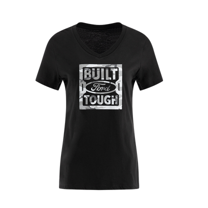 A black women's T-shirt with a camouflage design and the text 'BUILT Ford TOUGH' printed in the center.