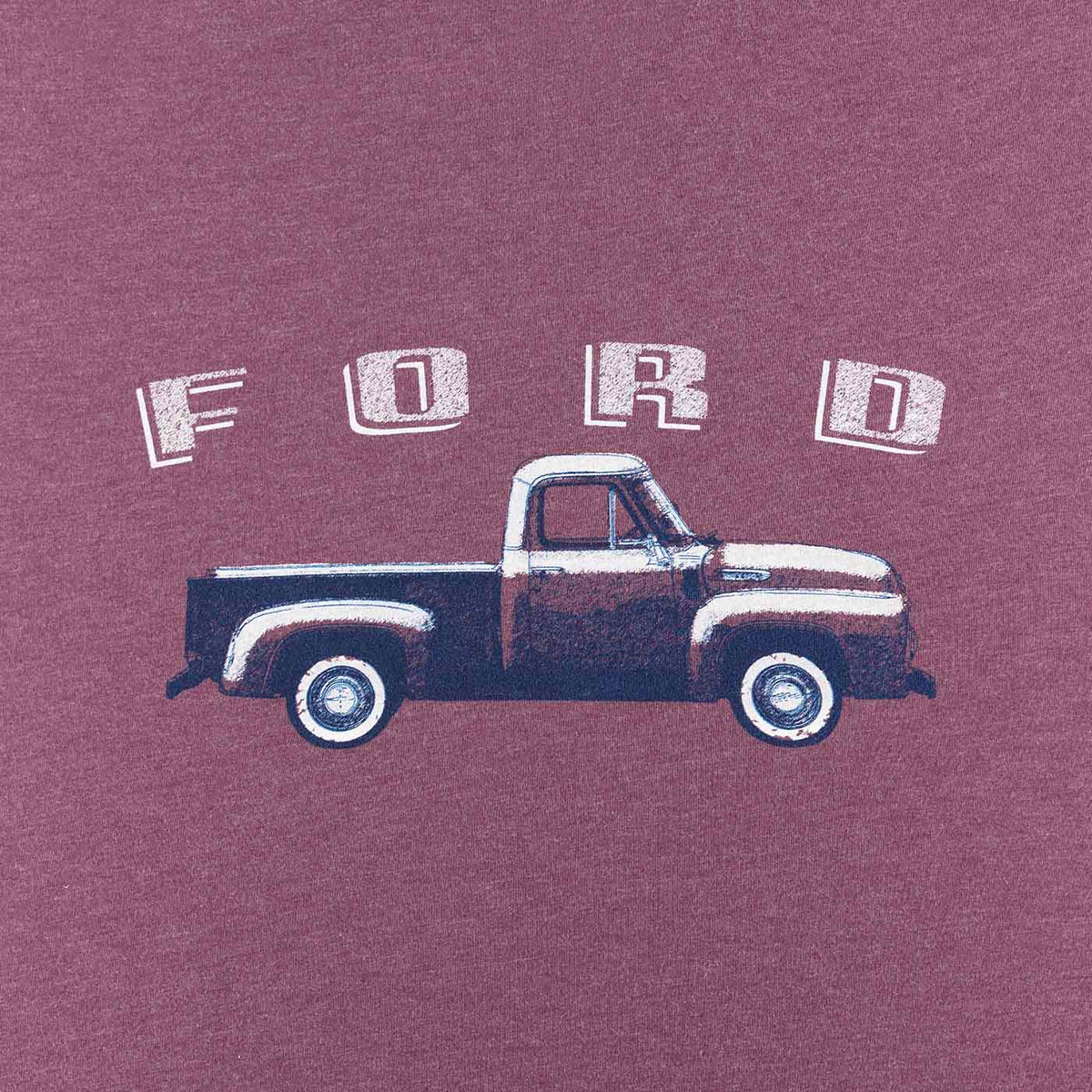 close up of truck graphic with ford letters on red t-shirt