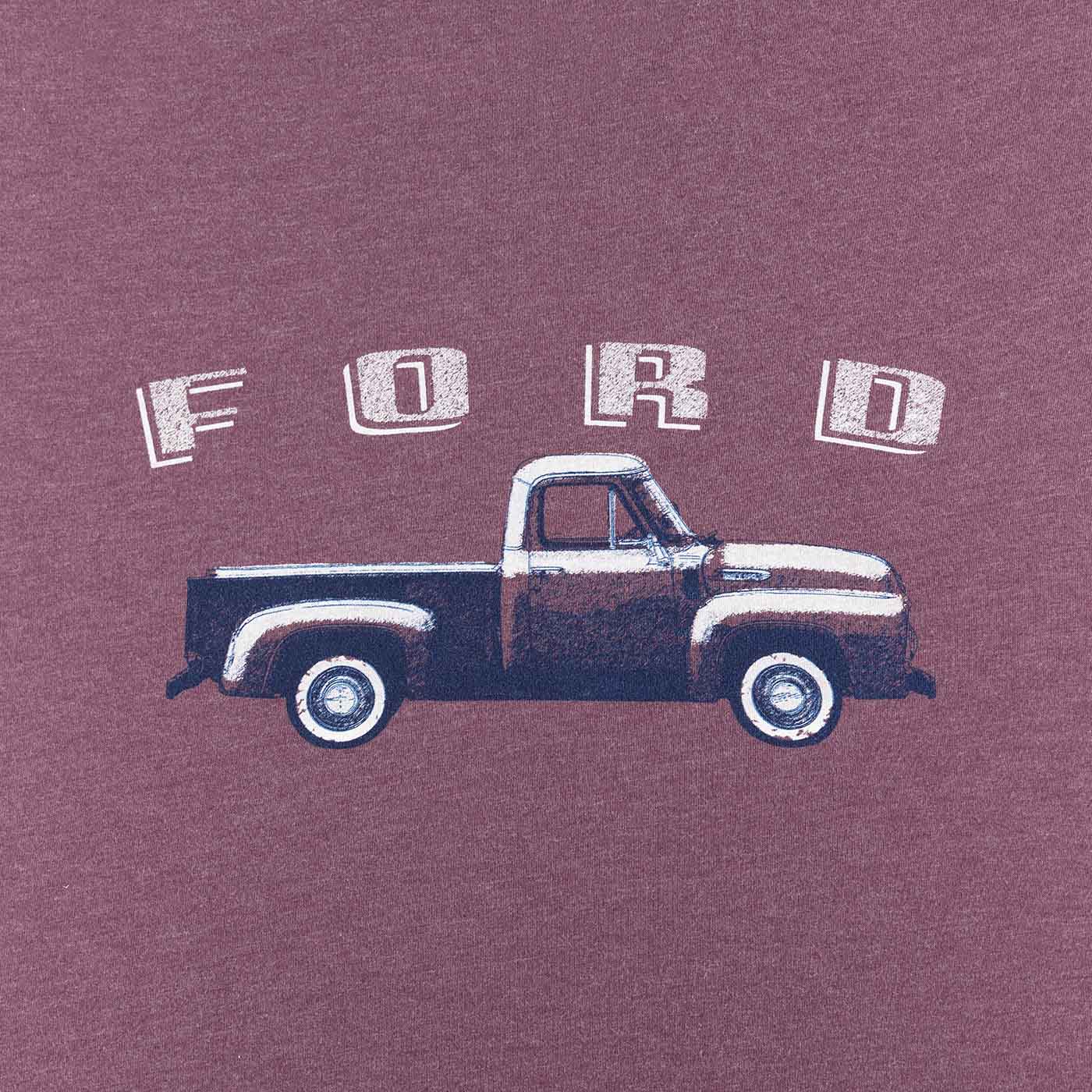 close up of truck graphic with ford letters on red t-shirt