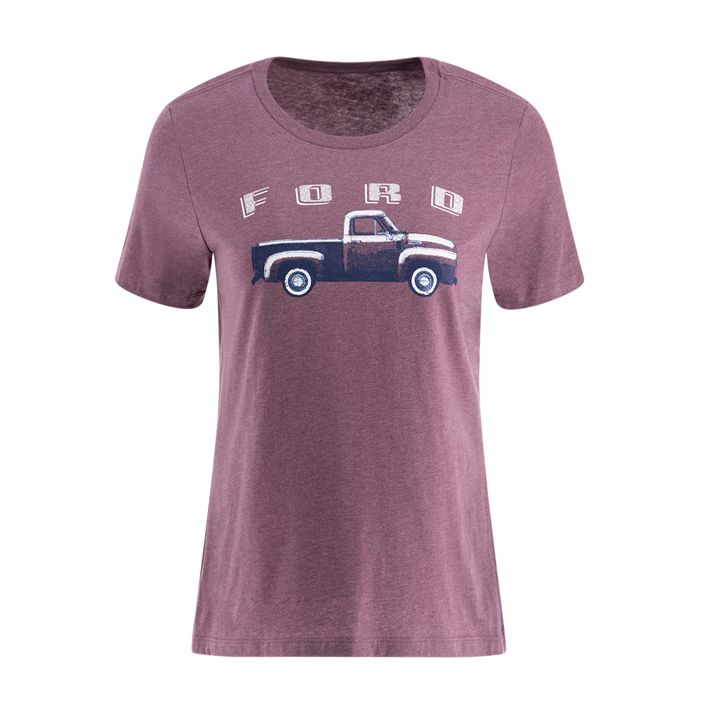 Women's purple Ford Trucks vintage t-shirt with graphic of a Ford pickup truck