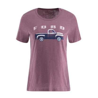 Women's purple Ford Trucks vintage t-shirt with graphic of a Ford pickup truck