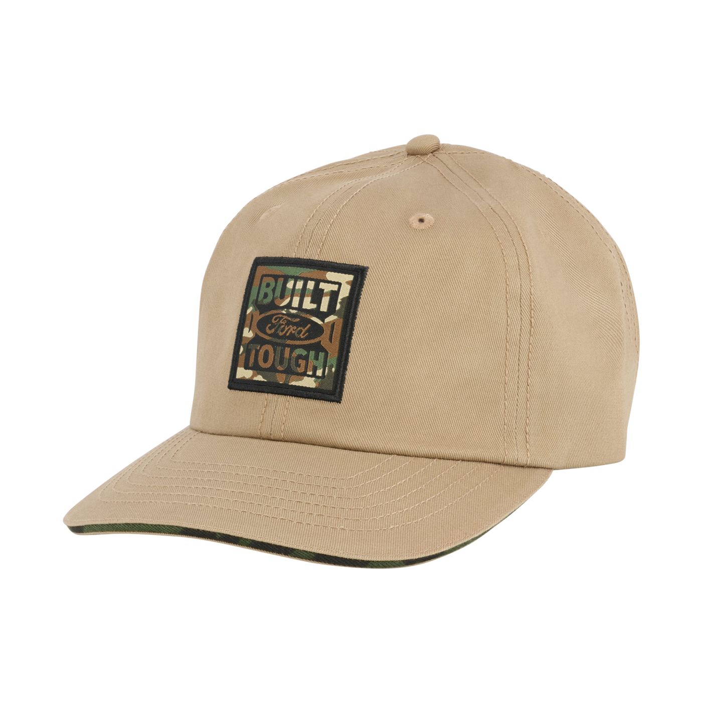 khaki hat with camouflage built ford tough badge 
