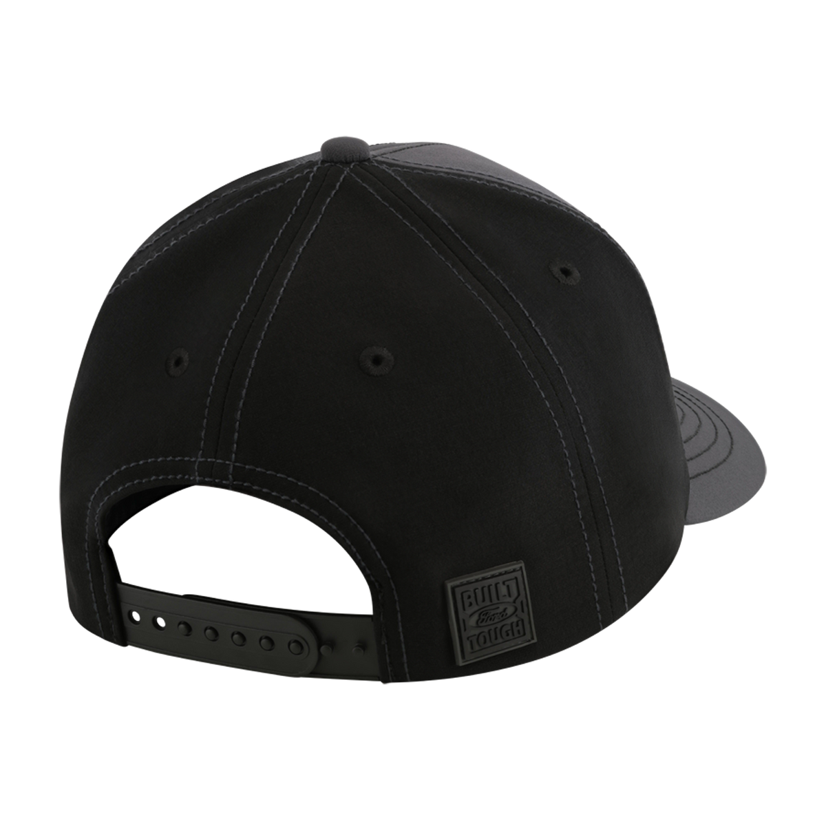Black cap with a visible brand logo on a white background