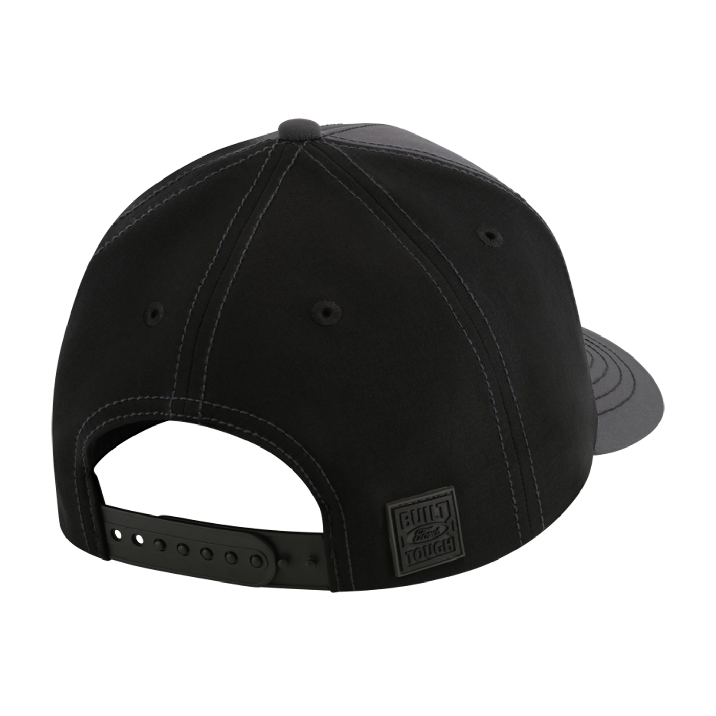Black cap with a visible brand logo on a white background