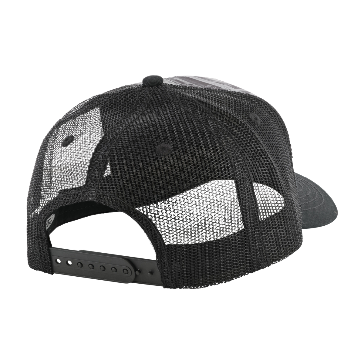 back of black mesh hat with snapback closure