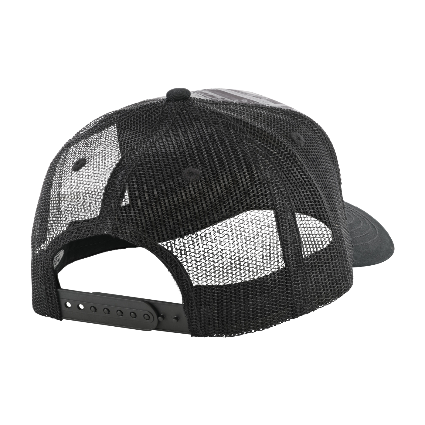 back of black mesh hat with snapback closure