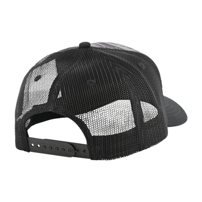 back of black mesh hat with snapback closure
