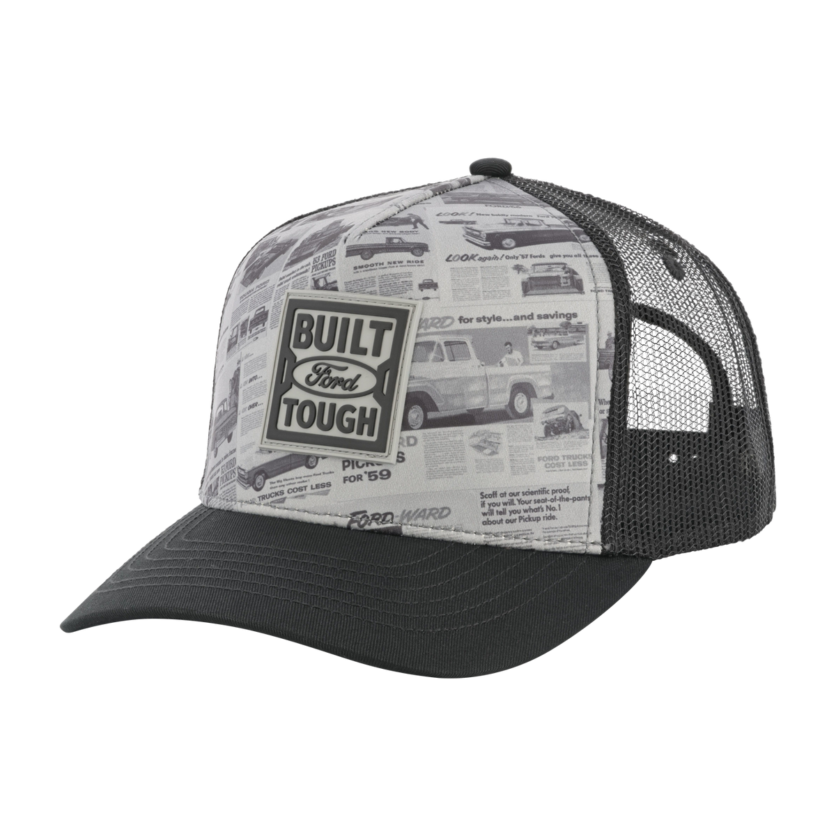 retro newspaper clippings of Ford news front panel with built ford tough badge of black mesh back hat