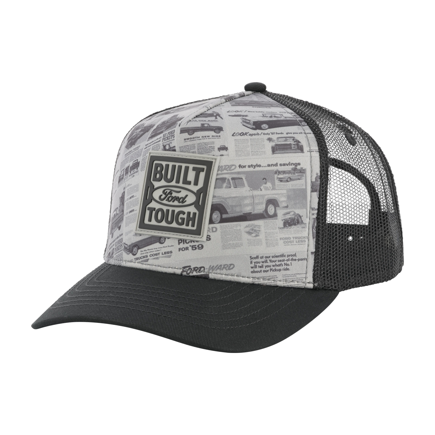 retro newspaper clippings of Ford news front panel with built ford tough badge of black mesh back hat