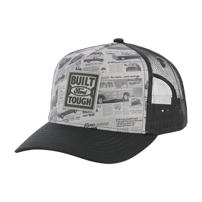 retro newspaper clippings of Ford news front panel with built ford tough badge of black mesh back hat