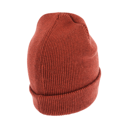back of red knit beanie hat 