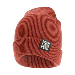 red knit beanie hat with black woven built ford tough logo