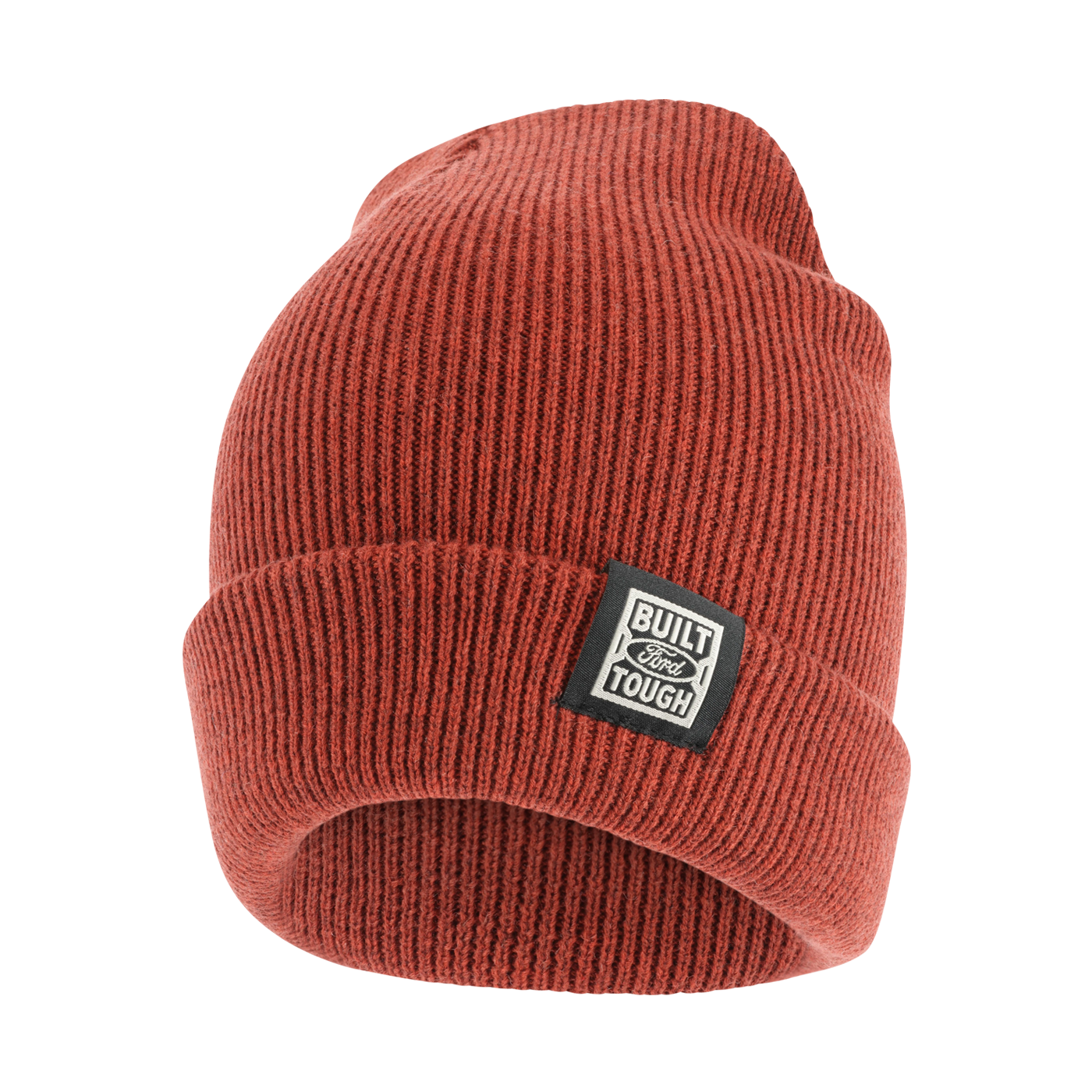 red knit beanie hat with black woven built ford tough logo