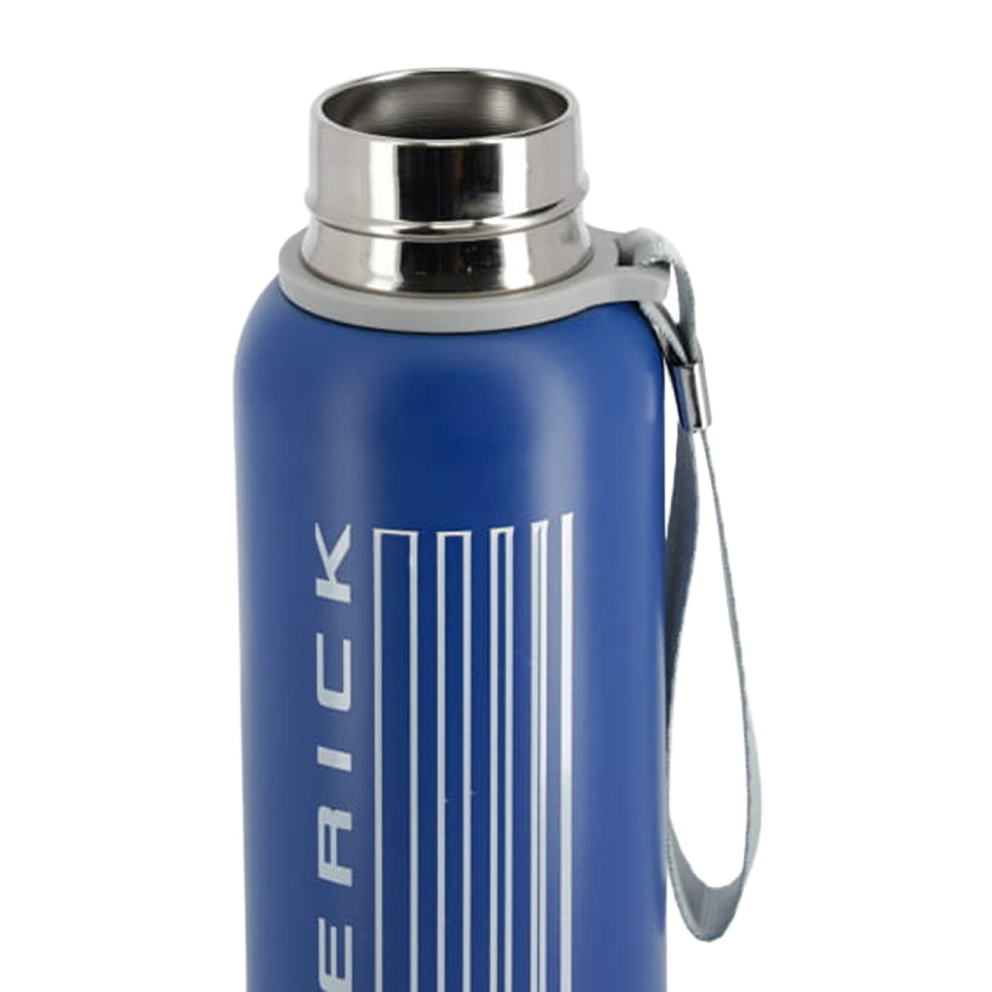 Blue water bottle with silver lid and handle on a white background