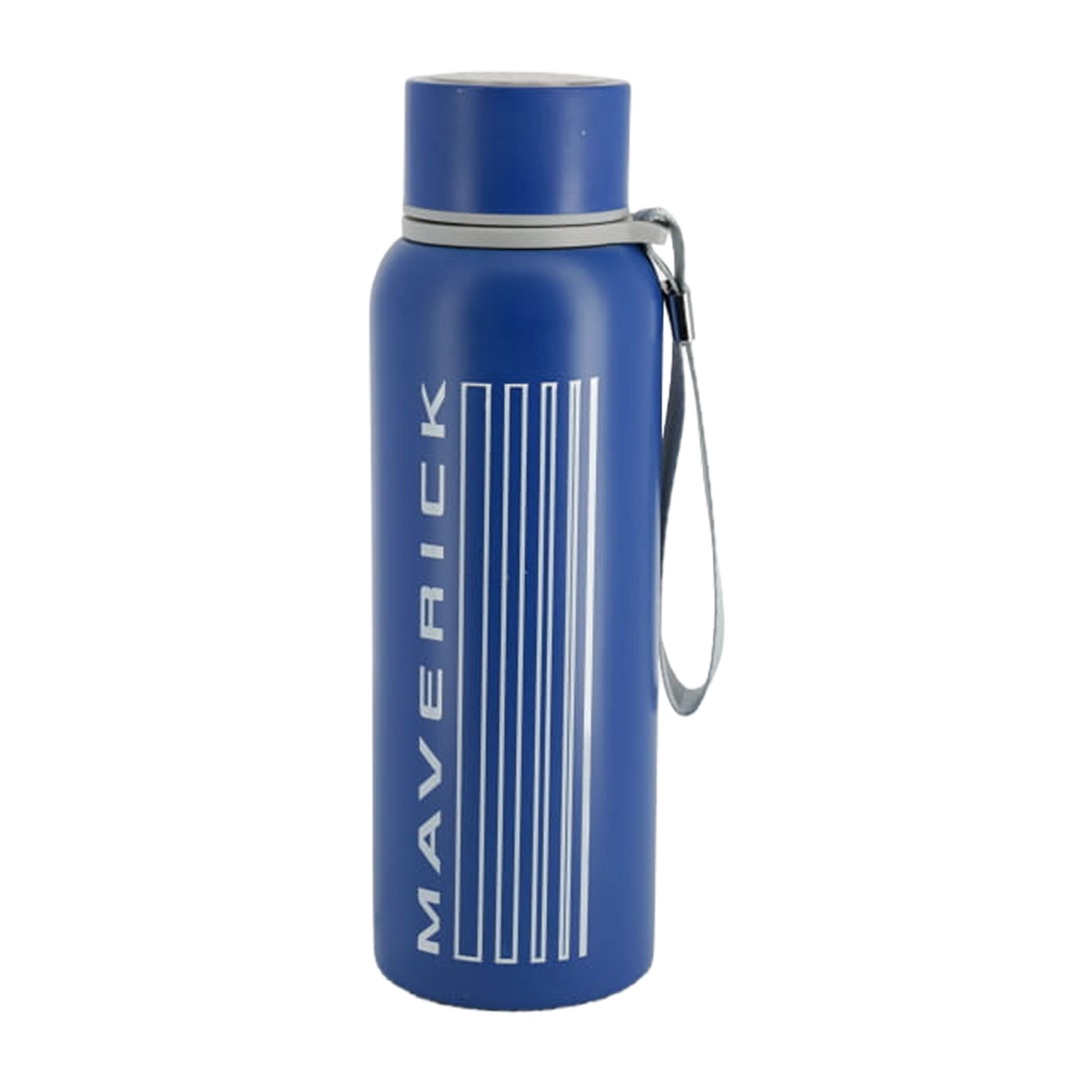 Blue water bottle with 'Maverick' branding on a white background