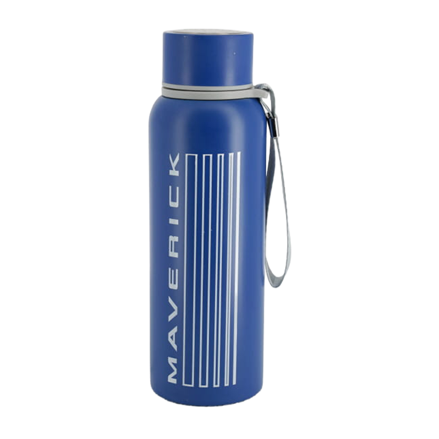 Blue water bottle with 'Maverick' branding on a white background