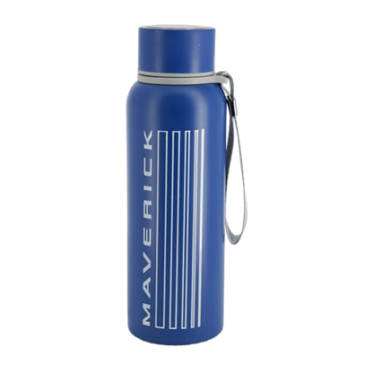 Blue water bottle with 'Maverick' branding on a white background
