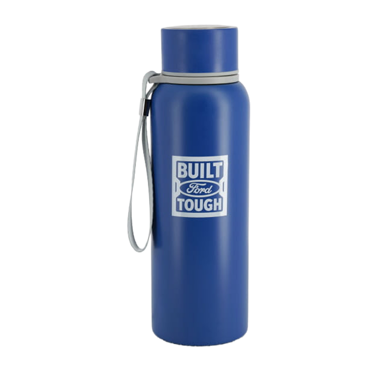 Blue water bottle with 'Built Ford Tough' logo on a white background