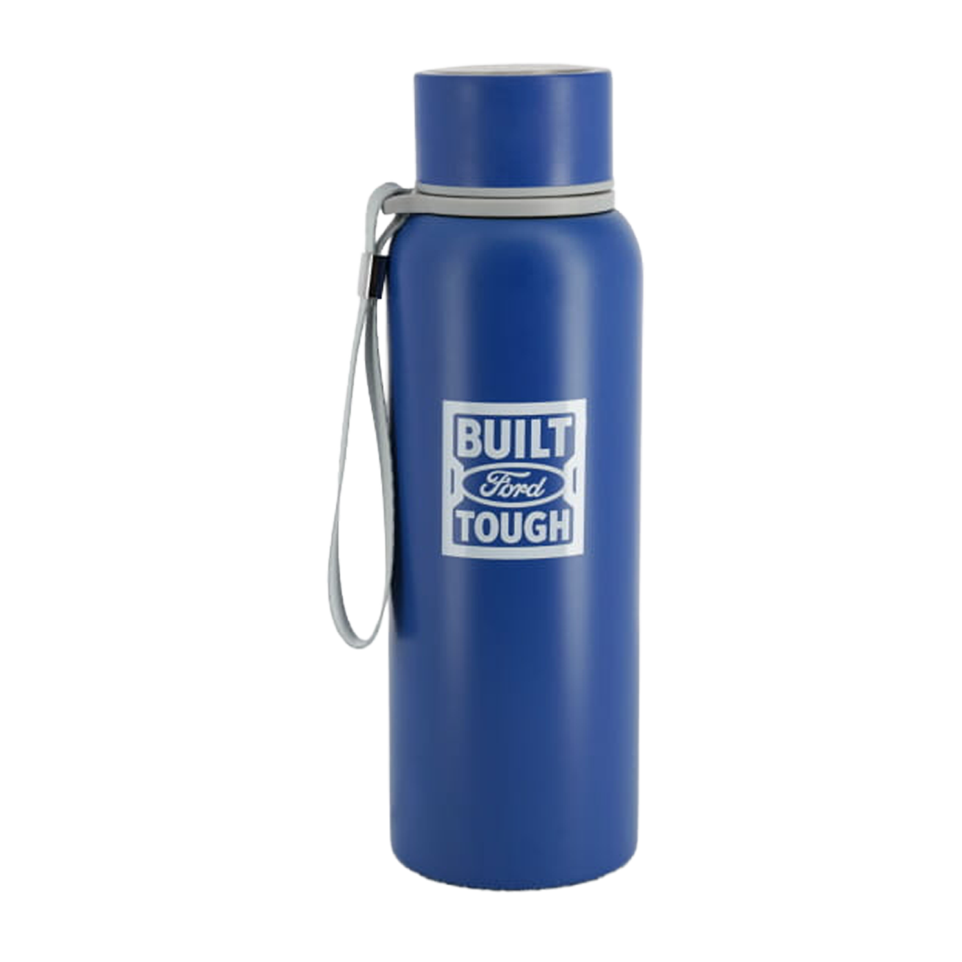 Blue water bottle with 'Built Ford Tough' logo on a white background