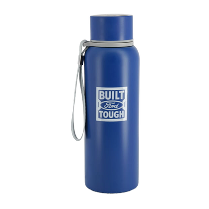 Blue water bottle with 'Built Ford Tough' logo on a white background