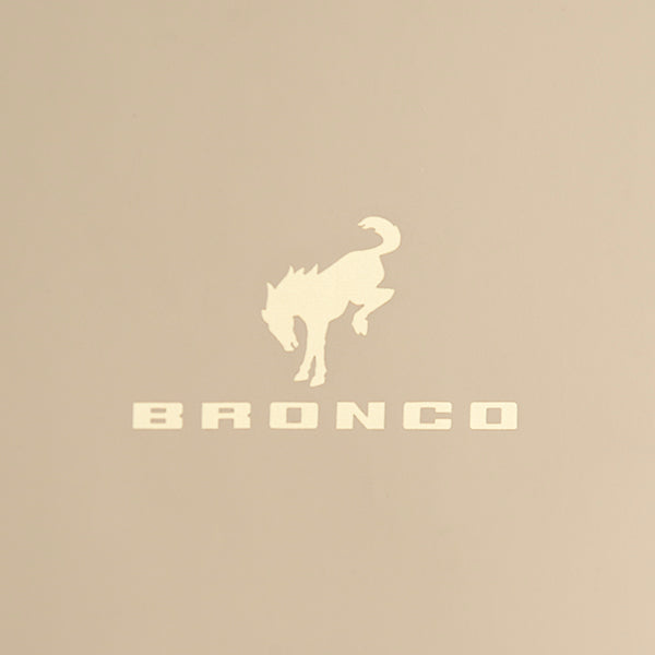 Bronco logo with a horse silhouette on a beige background