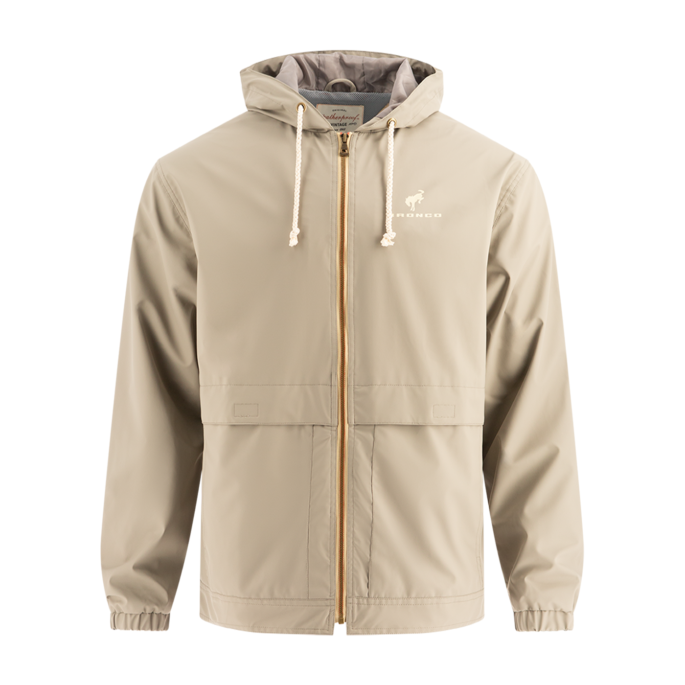 Beige jacket with a brand logo on a white background