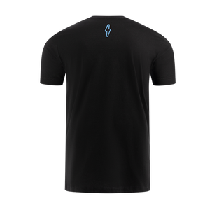 Black t-shirt with a blue lightning bolt on the back against a white background