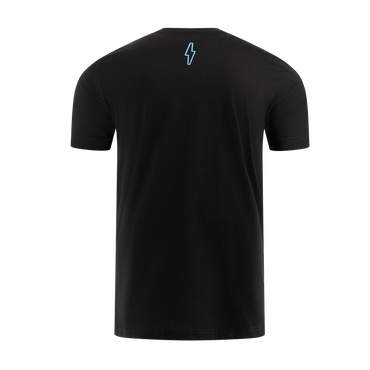 Black t-shirt with a blue lightning bolt on the back against a white background