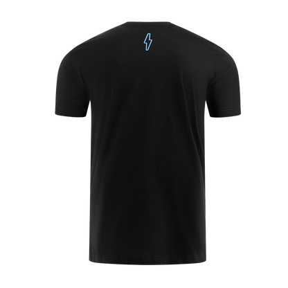 Black t-shirt with a blue lightning bolt on the back against a white background