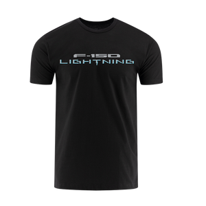 Black t-shirt with 'F-150 Lightning' text on a white background