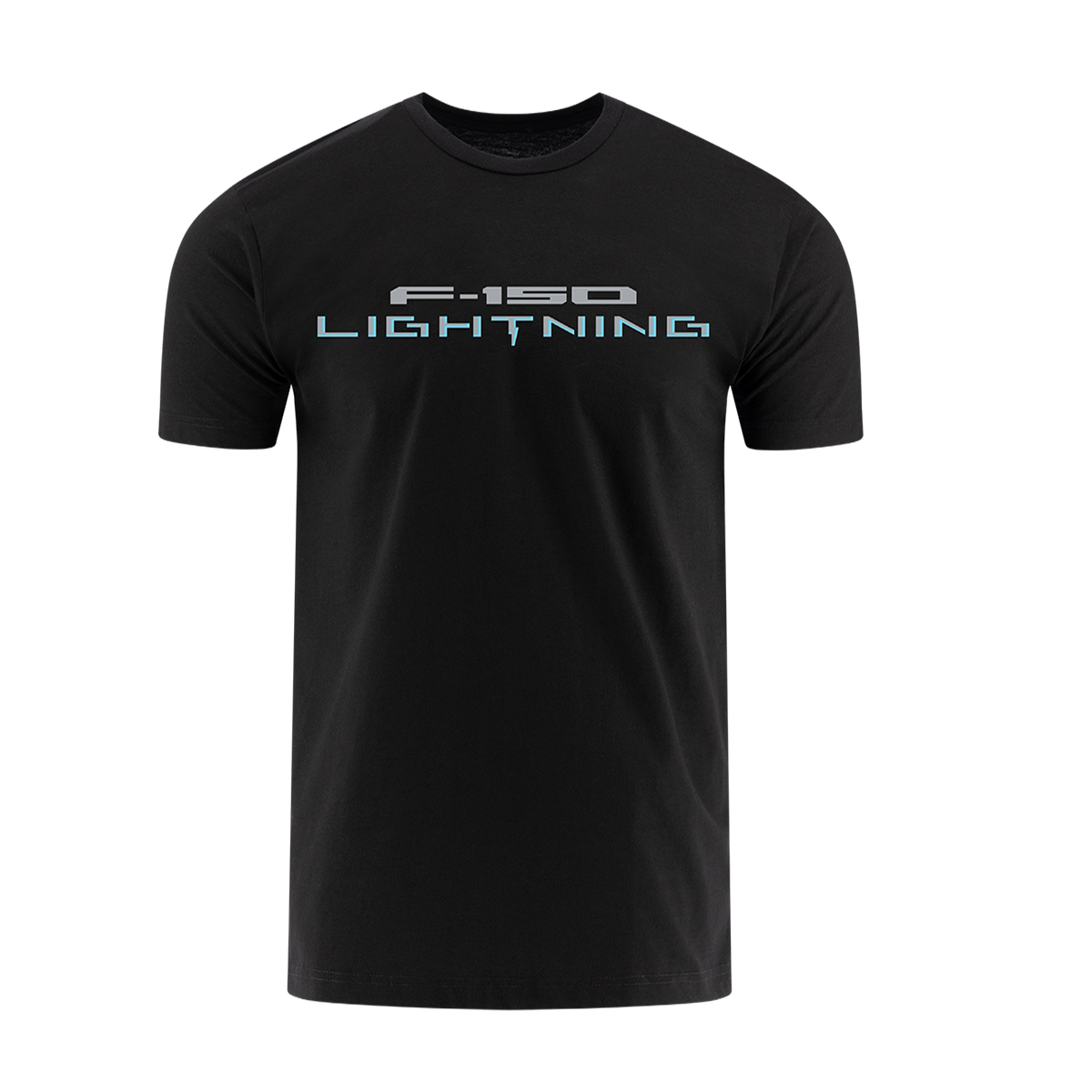 Black t-shirt with 'F-150 Lightning' text on a white background