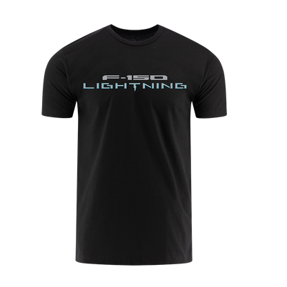 Black t-shirt with 'F-150 Lightning' text on a white background