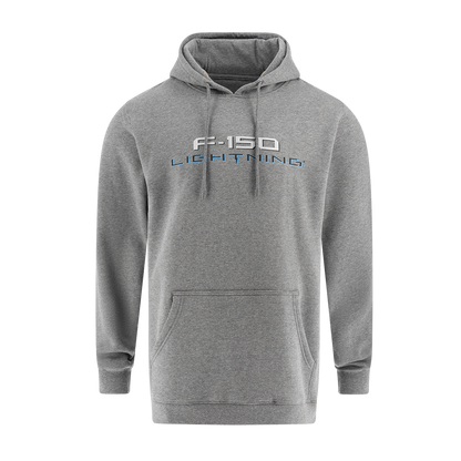 Gray hoodie with 'F-150 Lightning' text on a white background