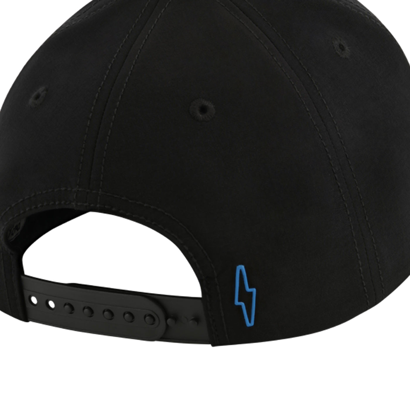 Black cap with a blue lightning bolt logo on a white background