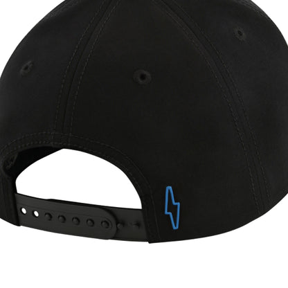 Black cap with a blue lightning bolt logo on a white background