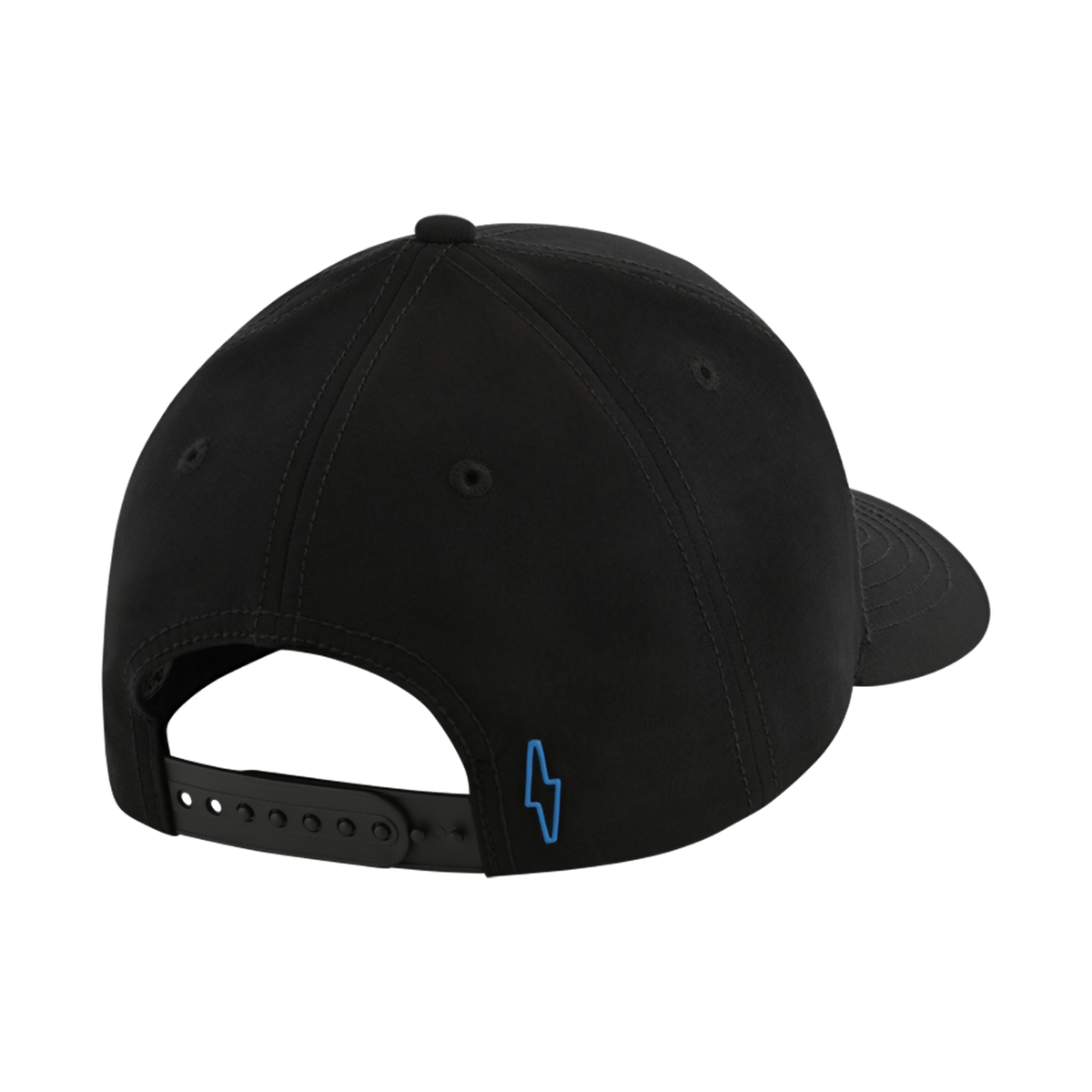 Black cap with a blue lightning bolt logo on the back against a white background