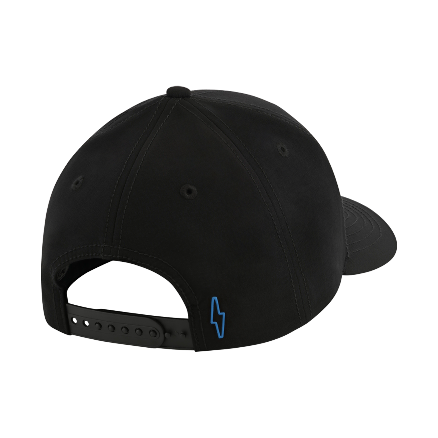 Black cap with a blue lightning bolt logo on the back against a white background