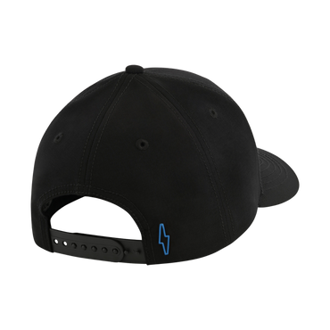 Black cap with a blue lightning bolt logo on the back against a white background