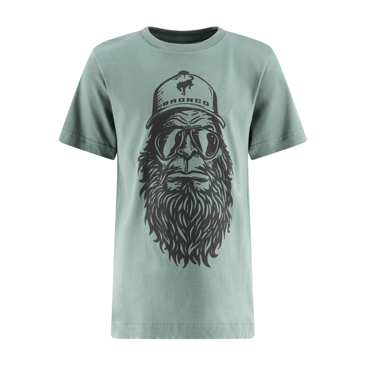Light green t-shirt with graphic design of a bearded face wearing goggles and a cap on a white background.